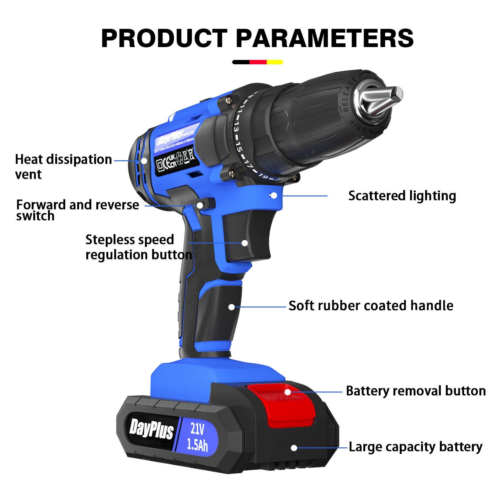Cordless Drill / Screwdriver - 21v - Carry Case - 2 Batteries (Blue) - Image 3