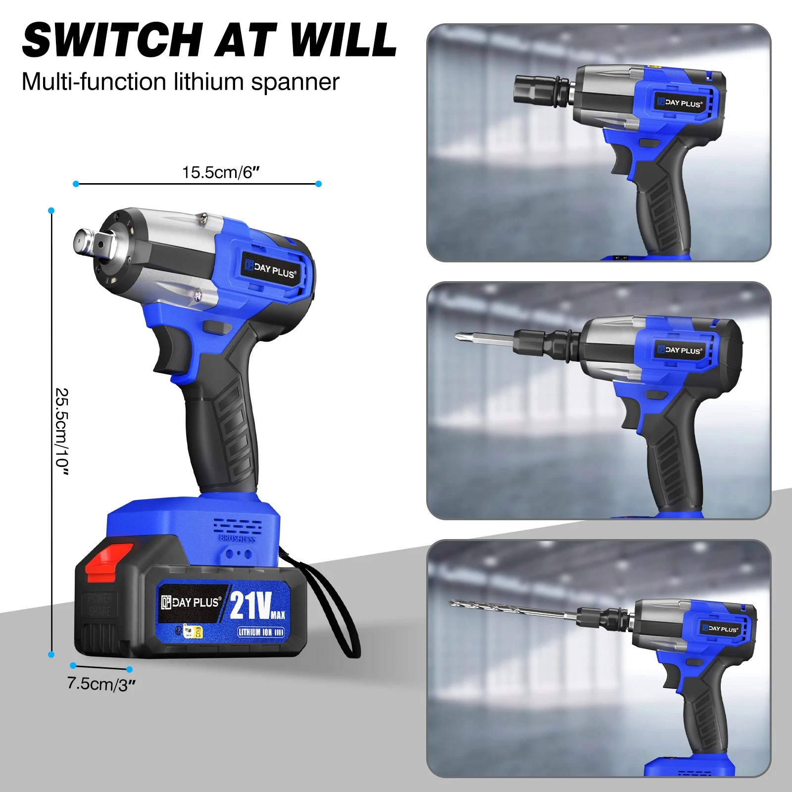 Cordless Impact Wrench - 500nm - Brushless Motor - Two Batteries (Blue) - Image 6
