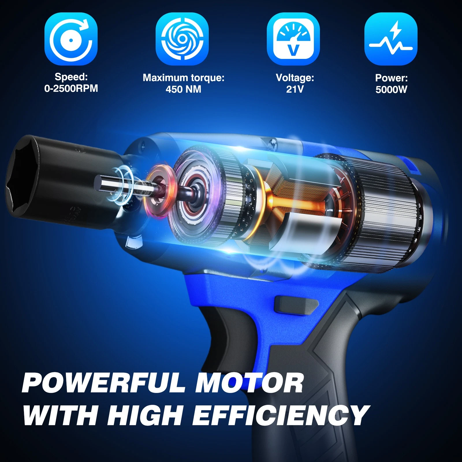Cordless Impact Wrench - 500nm - Brushless Motor - Two Batteries (Blue) - Image 9