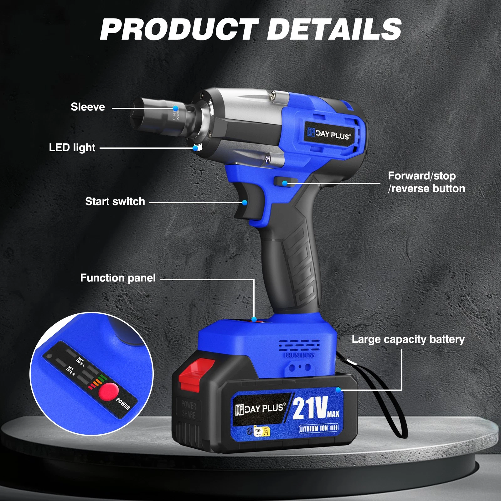 Cordless Impact Wrench - 500nm - Brushless Motor - Two Batteries (Blue) - Image 10