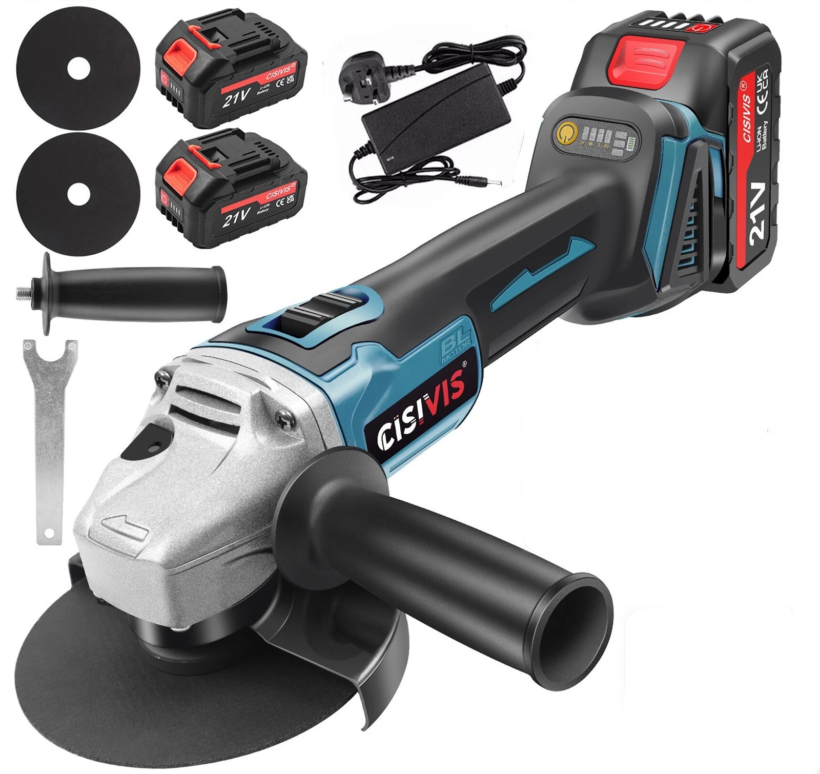 Cordless Angle Grinder - 125mm - 2 Batteries & 5 Assorted Discs