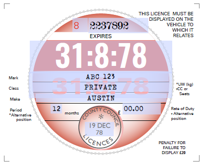 Reproduction Road Tax Disc – 1977 to 1987