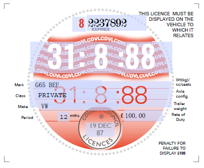Reproduction Road Tax Disc – 1988 to 1993