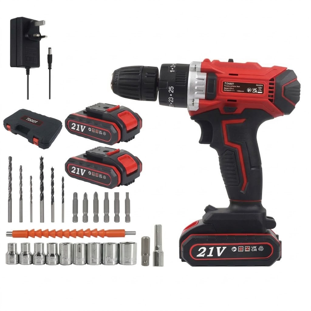 Cordless Combi Hammer Drill & Driver Set - 2 Batteries - 21V - (50N.m) (Red)